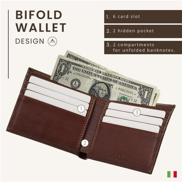 Bifold Wallet - Slim Leather Wallet – Genuine Italian Calf Leather Wallet Brown